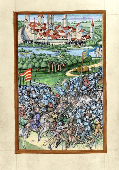 Illustrazione della Battaglia di Lechfeld, dal Cronaca di Augusta, 1457 da Sigismund Meisterlin